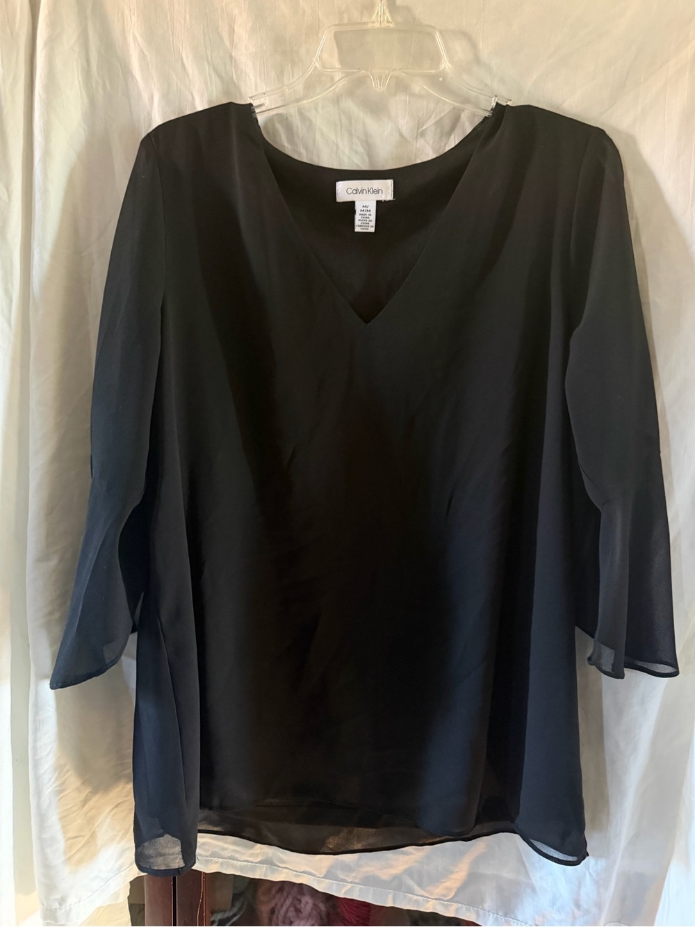 Calvin Klein Black V-Neck Sheer Long Sleeve Blouse